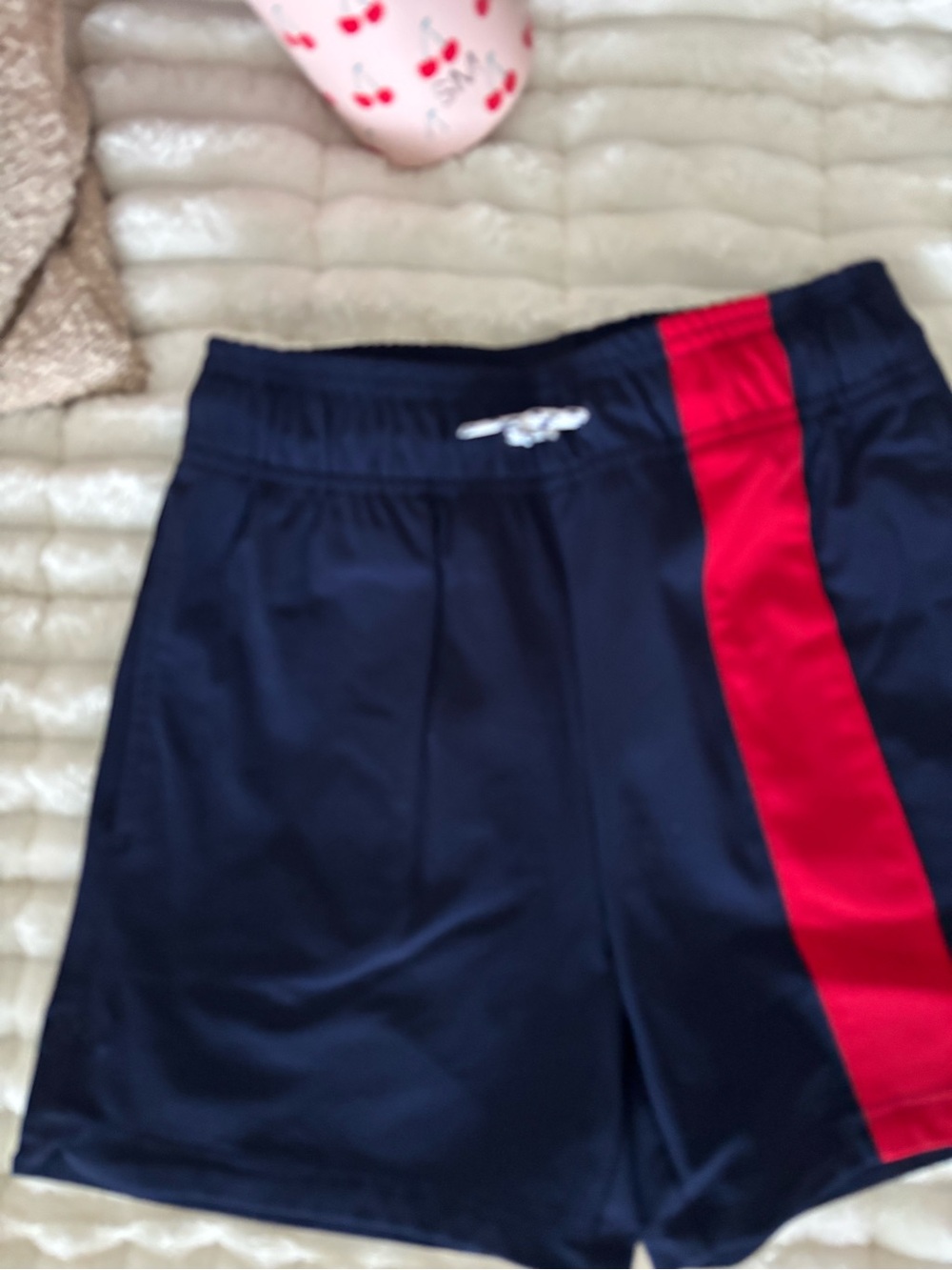 RHONE Navy Blue Kids Swim Trunks with Red Side Panel